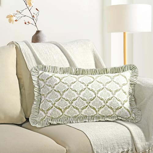 CPC Block Print Fern Regal Ruffle Cotton Lumbar Pillow Cover 12x20 inch