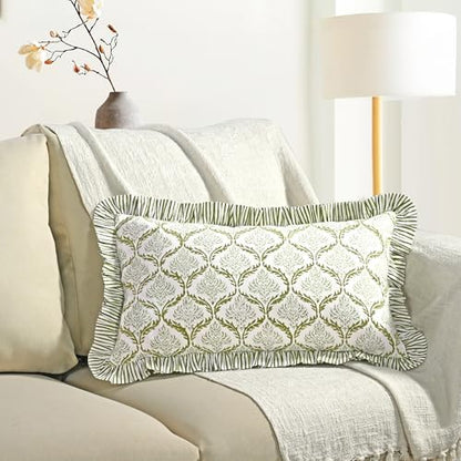 CPC Block Print Fern Regal Ruffle Cotton Lumbar Pillow Cover 12x20 inch