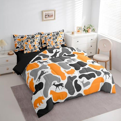 Erosebridal Bear Wolf 7 Piece Bedding Set Queen Camouflage Comforter Set with Sheets Orange Grey Animals Print Army Bed in a Bag Deer Hound Turkey Theme Camo for Kids Boys Girls