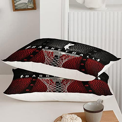 Axolotl Basketball Bedding Set for Boys Kids Teens,Soft Microfiber Black and Red Sports Theme Basketball Bedding Sets Queen Size with 1 Comforter and 2 Pillowcases All Season