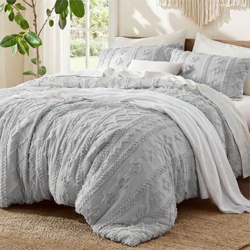 Bedsure Boho Comforter Set Oversized Queen, Bedroom Bedding Set Light Grey
