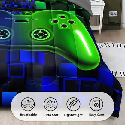 6 Pieces Gaming Bedding Set Queen Size for Boys, Blue Green 3D Video Game Controller Comforter Set for Girls Kids Teens, Cool Gamer Bedroom Decor with Sheets Pillowcases Queen55