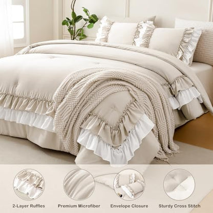 Masaca Ruffled King Comforter Set,Farmhouse Shabby Boho Chic Wheat and White Bedding Comforter Lightweight Ultra Soft Vintage French Country Bedding Set 3Pcs (1 Ruffle Comforter and 2 Pillowcases)