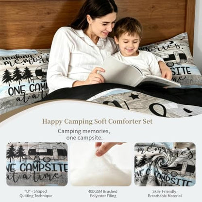 Erosebridal 7 Piece Full Size Comforter Set with 2 Pillowcases, RV Camper Bedding Set for Kids Teens Adult Men Retro Wood Camp Camper Bed in a Bag with Flat Sheet, Fitted Sheet Rustic Farmhouse Decor