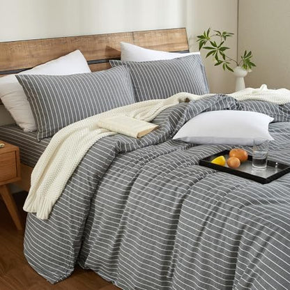 Striped Duvet Cover Set 100% Washed Cotton Linen Feel King
