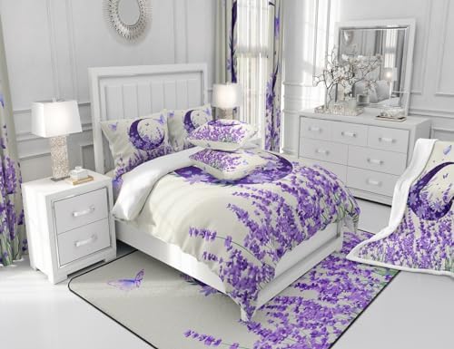 Manfei Lavender Comforter Set King Size, Purple Moon Butterfly Print Bedding Set 3pcs for Kids Girls Bedroom Decor, Botanical Floral Quilt Set Boho Flower Duvet Set with 2 Pillowcases