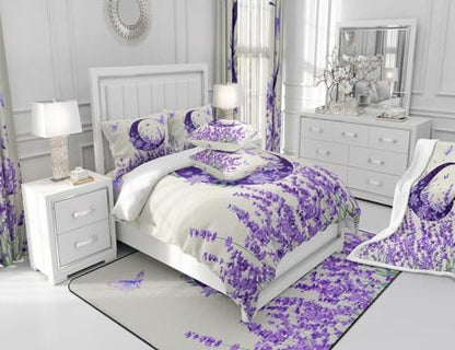 Manfei Lavender Comforter Set King Size, Purple Moon Butterfly Print Bedding Set 3pcs for Kids Girls Bedroom Decor, Botanical Floral Quilt Set Boho Flower Duvet Set with 2 Pillowcases