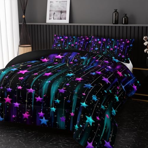Nttopship Colorful Stars Comforter Set Queen Size,Galaxy Starry Printed Bedding Set for Men Women Adults,Colorful Stars Room Decor with Soft and Lightweight Comforter and 2 Pillowcases