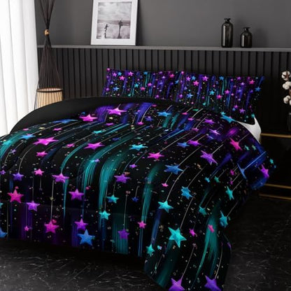 Nttopship Colorful Stars Comforter Set Queen Size,Galaxy Starry Printed Bedding Set for Men Women Adults,Colorful Stars Room Decor with Soft and Lightweight Comforter and 2 Pillowcases