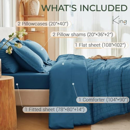 MUXHOMO 7 Pieces King Comforter Set, Seersucker Bed in a Bag King Size, All Season Luxury Bedding Set with Comforter, Flat Sheet, Fitted Sheet, Pillowcases & Shams, Teal