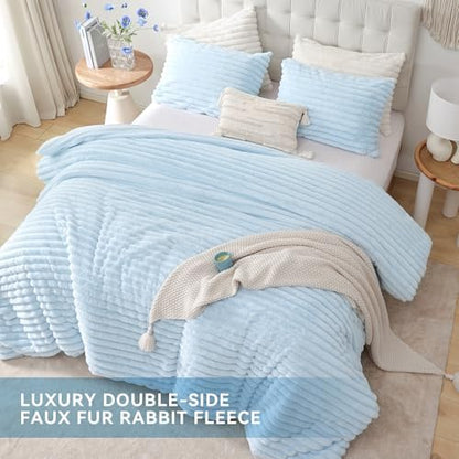 Smoofy Fluffy Twin Size Comforter 2 PCS - Light Blue Fleece Bedding Set