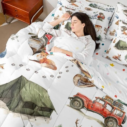 Erosebridal Wild Animal 7 Piece Comforter Set Full Happy Camping Bed in A Bag Fox Deer Wildlife Woodland Animals Bedding Sets for Boys Girls Camper Car Western Cowboy Sheet Set with Comforter