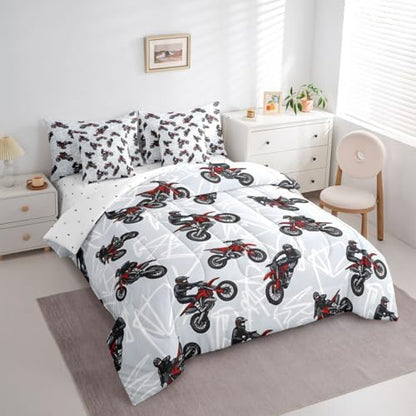 Feelyou Dirt Bike Comforter Set King 7 Pieces Graffiti Style Lines Bedding Set for Boys Girls Racing Motocross Rider Bed in a Bag Extreme Sports Room Decor Motorcycle Quilted Soft Lightweight