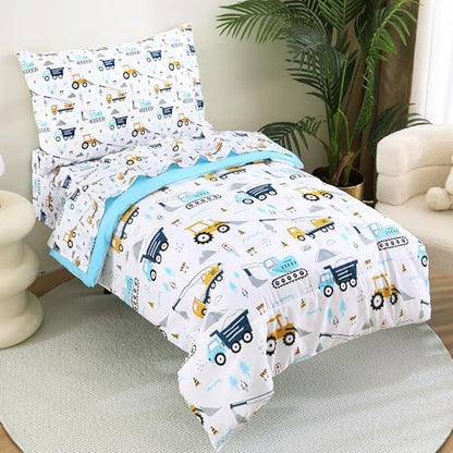 Lasoftan Cars Toddler Bedding Set, 4-Piece Bed-in-a-Bag Comforter Set for Boys, Construction Truck Bedding, Machine Washable