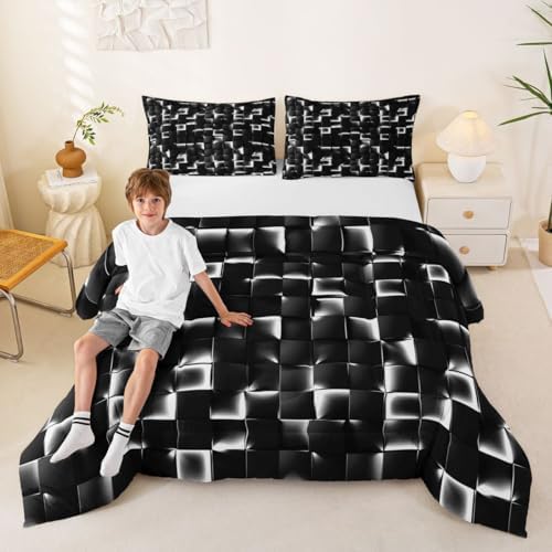 Erosebridal Geometric Checkered Comforter Twin Size Neon Black White Comforter Set for Kids Teen Men Gamer Room Decor,Abstract Ombre Plaid Bedding Set Grids Quilt Duvet