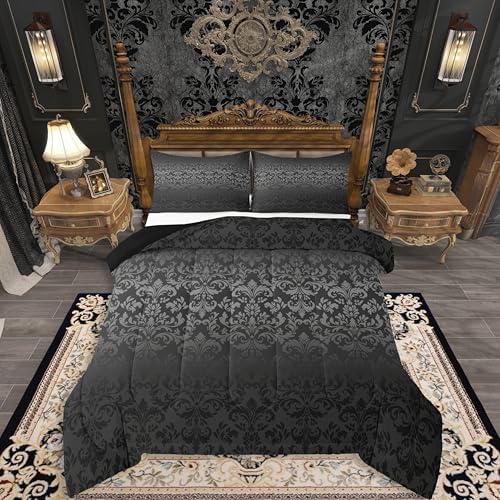 jejeloiu Gothic Damask Comforter Set Vintage Bedding Set Queen Size 3 Pcs