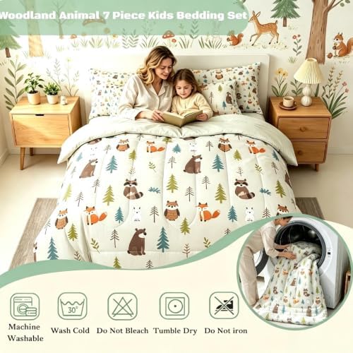 Erosebridal Woodland Animals 7 Piece Comforter Set Full for Nursery Child Bedroom | Cute Fox Bear Raccoon Bedding Set Wildlife Sheet Set Kids Cartoon Wild Animals Duvet Insert Botanical Trees Quilt