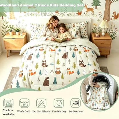 Erosebridal Woodland Animals 7 Piece Comforter Set Full for Nursery Child Bedroom | Cute Fox Bear Raccoon Bedding Set Wildlife Sheet Set Kids Cartoon Wild Animals Duvet Insert Botanical Trees Quilt