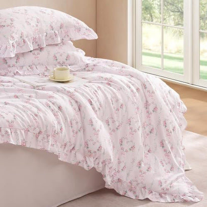 Andency Pink Bow Ruffle Comforter Queen, 3 Pieces Floral Bedding