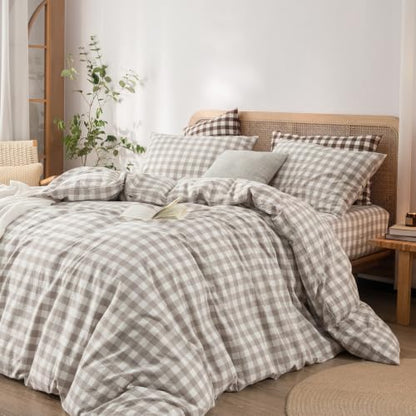 BESTOUCH Gingham Cotton Duvet Cover Set Linen Grey Oversized Full
