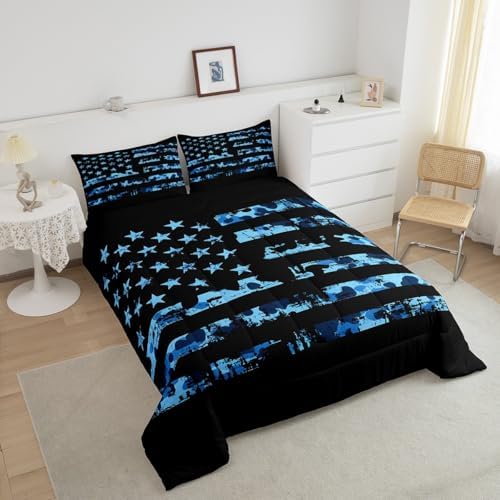 Erosebridal American Flag Comforter Set Full for Boys Kids Teens Bedroom, Camouflage Bedding Set United States Down Comforter USA Federations Stars Duvet Sets 3 Pieces with 2 Pillow Cases, Blue Black