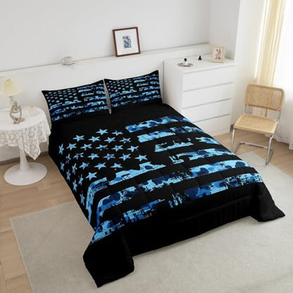 Erosebridal American Flag Comforter Set Full for Boys Kids Teens Bedroom, Camouflage Bedding Set United States Down Comforter USA Federations Stars Duvet Sets 3 Pieces with 2 Pillow Cases, Blue Black