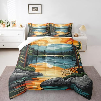 Sunset Bedding Set Twin Size,Lake House Fishing Camping Comforter Set for Kids Teens Adults Room Decor,Mountain River Nature Scenery Duvet Insert 2Pcs,Retro Rustic Style Quilt Set,1 Pillowcase