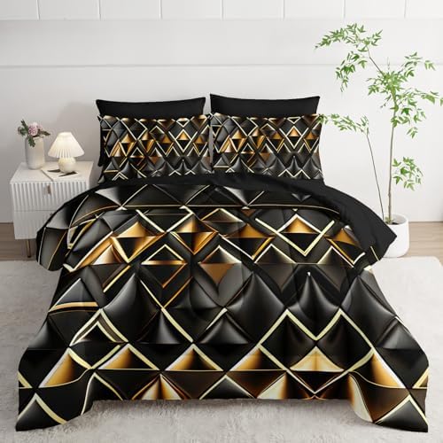 7 Piece Black and Gold Queen Comforter Set Geometric Pattern，Queen Quilt Bedding Set Checkered，(1 Comforter, 1 Flat Sheet, 1 Fitted Sheet, 2 Pillowcase and 2 Pillow Sham)