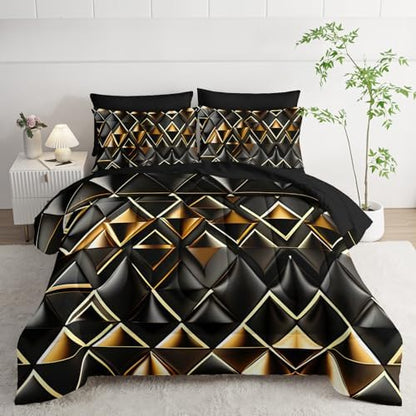 7 Piece Black and Gold Queen Comforter Set Geometric Pattern，Queen Quilt Bedding Set Checkered，(1 Comforter, 1 Flat Sheet, 1 Fitted Sheet, 2 Pillowcase and 2 Pillow Sham)