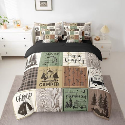 Erosebridal Happy Camping Comforter Set 7 Piece Rustic Cabin Camper Queen Bed in A Bag Rv Car Accessories for Travel Trailers Buffalo Plaid Arrow Pine Trees Bedding Set Travel Adventure Bed Set