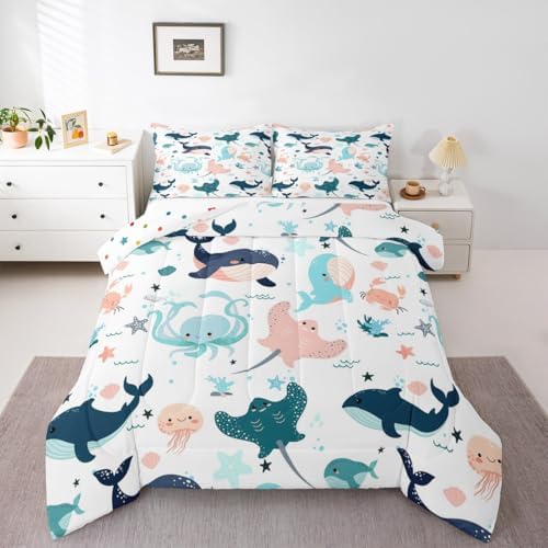 Kawaii Whale Comforter Set Cute Dolphin Bedding Set For Kids Boys Girls Queen Cartoon Crab Jellyfish Octopus Bedding Comforter Sets Underwater World Quilt Duvet Ocean Animal Theme Bedroom Decor 3 Pcs
