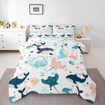 Kawaii Whale Comforter Set Cute Dolphin Bedding Set For Kids Boys Girls Queen Cartoon Crab Jellyfish Octopus Bedding Comforter Sets Underwater World Quilt Duvet Ocean Animal Theme Bedroom Decor 3 Pcs