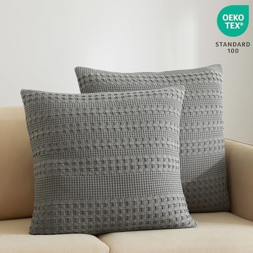 PHF Cotton Waffle Weave Pillow Covers 24" x 24", Dark Grey, No Insert