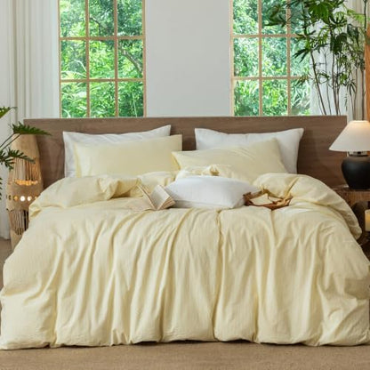 MooMee Striped Duvet Cover Set 100% Washed Cotton Linen Like Queen