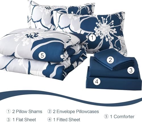 Anibedding Navy Floral Comforter Set Full Size 7 Piece, Blue Flower Bed in a Bag, Elegant Botanical Floral Comforter Soft Microfiber Complete Bedding Set for All Season, (Navy, 78''x90'')