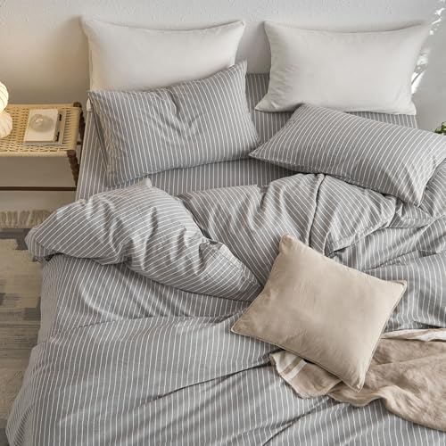 MooMee Striped Duvet Cover Set 100% Washed Cotton Linen Like Queen
