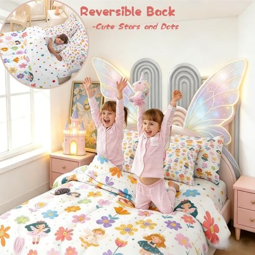 Erosebridal Cute Floral Twin Comforter Set with Sheets Boho Floral Kids Cartoon Fairy Princess 7 Piece Bedding Set Spring Rustic Flowers Bed in a Bag, Kawaii Elf Room Decor,White