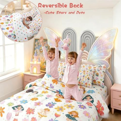 Erosebridal Cute Floral Twin Comforter Set with Sheets Boho Floral Kids Cartoon Fairy Princess 7 Piece Bedding Set Spring Rustic Flowers Bed in a Bag, Kawaii Elf Room Decor,White