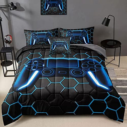 BDUCOK 6 Piece Gamer Comforter Sets Bed in A Bag for Boys Teen Kids,Honeycomb Gaming Bedding Sets Gamepad Comforter Microfiber Bed Set for All Season Gamer Home Decor(Blue, 6 Piece Sets30022-Queen)