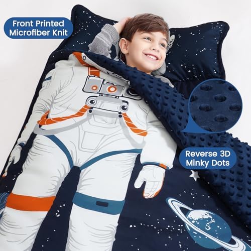 PHF Toddler Nap Mat with Removable Pillow and Minky Blanket, Rollup Design Kids Sleeping Mat, Slumber Bags for Boys, 50"x20" Toddler Sleeping Bag for Daycare Preschool Travel Camping, Astronaut