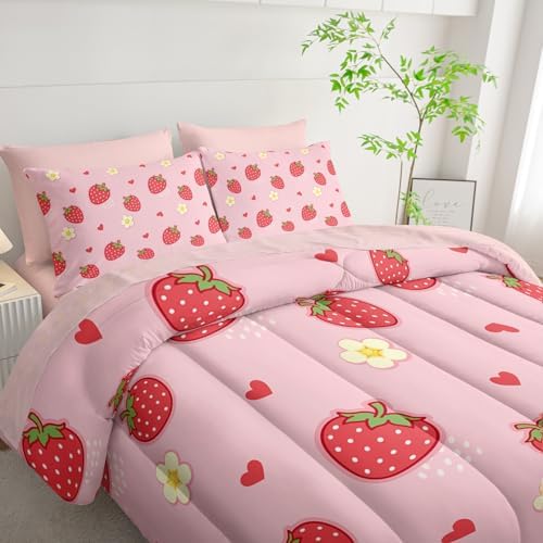 Nttopship Cute Strawberry Twin Comforter Set,Light Cute Pink Strawberry Bedding Set 7 Piece in A Bag,Bed Sheet Set Cute Strawberries and Flowers Decor,Microfiber Lightweight All Season