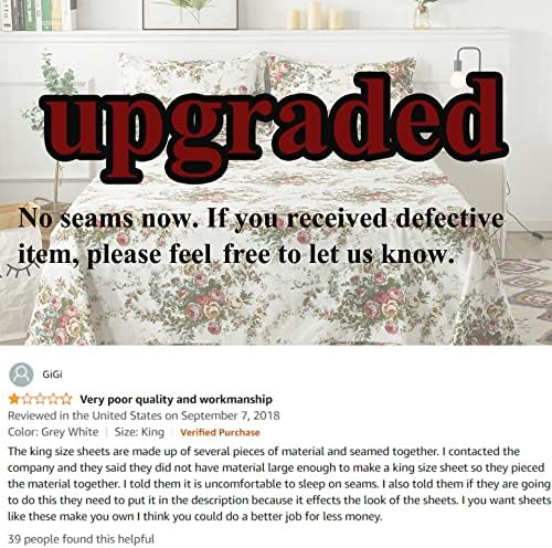 FADFAY Rose Sheets Floral Bed Sheets Queen 100% Cotton Off White Victorian Flower Printed Shabby Vintage Antique Bedding Soft Natural Cotton Deep Pocket Fitted Sheet 4Pcs, Queen