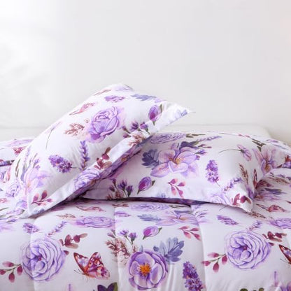 Mooreeke Purple King Size Comforter Sets, Purple Flower and Butterfly Printed Bedding for All Seasons, 3-Piece Vintage Bed in a Bag with Fluffy Quilted Reversible Comforter & 2 Pillow Shams