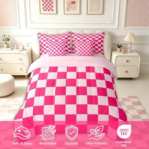 Feelyou Checkered 7 Piece Bedding Set Teen Women Boho Modern Cute Aesthetic Decorative Girly Comforter Set with Sheets Twin Size Kids Boys Geometric Chic Bed in a Bag Pink White Plaid Room Decor