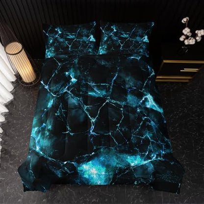 Nttopship Blue Comforter Set King Size，Blue Marble Bedding Set 3 Pcs Bedding for Adults, Marble Room Decor with Comforter and 2 Pillowcases Soft and Lightweight B-Side Black