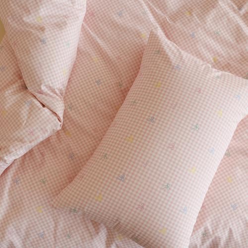 mixinni Gingham Duvet Cover Twin Size, 100% Cotton Light Pink and White Gingham Bedding Set for Girls, Cute Bow Print Soft Aesthetic Cottagecore Bedding 3 Pieces (1 Duvet Cover + 2 Pillowcases)
