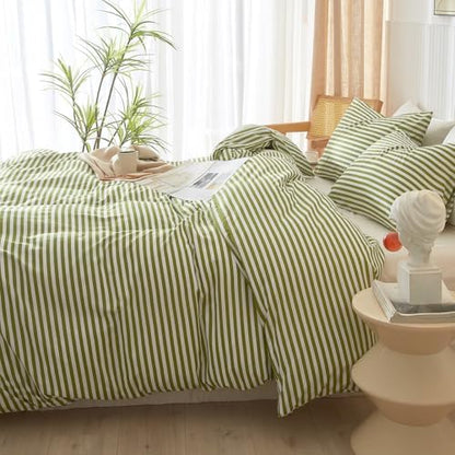 LifeTB King Size Comforter Set Modern Striped Comforter Set King Green White Stripes Pattern Comforter 3 Pieces Lightweight Bedding Comforter Set Boho Stripe Soft Fluffy Comforter with 2 Pillowcases