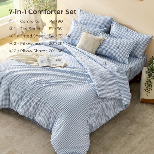 Litanika Full Size Comforter Sets 7 Pieces Cornflower Blue Gingham