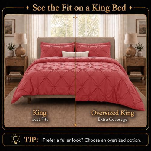 CozyLux King Size Comforter Set Coral, 7 Pieces Pintuck Bed in a Bag