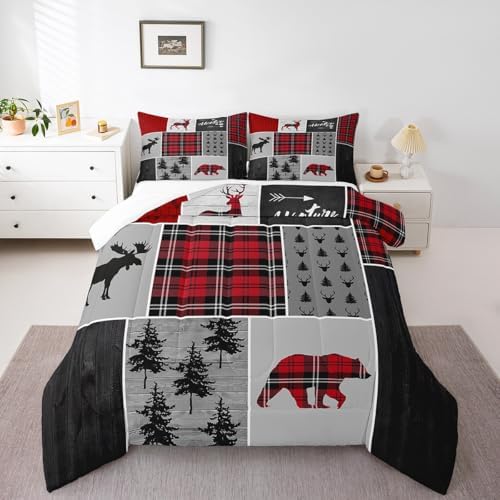 Deer Antlers Bear Kids Comforter Set King Size,Plaids Boho Arrows Patchwork Bedding Set for Boys Girls Adults Room Decor,Rustic Adventure Xmas Down Comforter,Red Retro Duvet Insert,2 Pillowcases